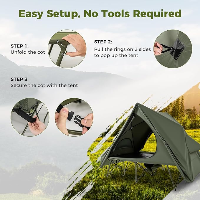 GYMAX 2-Person Camping Cot Tent Foldable Off-Ground Cot Bed Combo with Portable Wheeled Bag Waterproof Rainfly 2 Mesh Doors &amp Skylight Roof for Adults Hiking Backpacking Outdoor