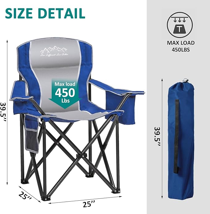Folding Camping Chair Heavy Duty Portable Lawn Chairs with Cooler Bag Side Pocket &amp Cup Holder Folding Chairs for Outside Support 450lbs Blue
