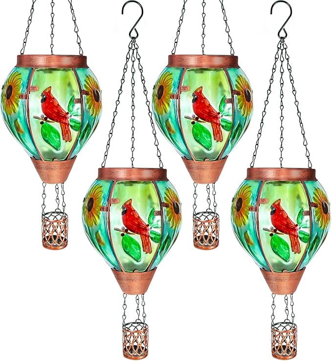 Solar Hot Air Balloon Lantern with Flame Cardinal Glass Solar Hanging Lights Outdoor Yard Patio Farmhouse Decoration Cardinal Gifts for Women Grandma Mom(4 Pack)