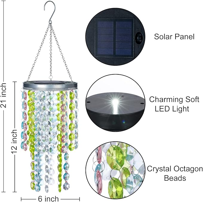 Hanging Solar Crystal Chandelier Outdoor 21” Modern Solar Multicolor Acrylic Beaded Lantern with Cool White LED S Hooks for Garden Yard Patio Gazebo Outside Decor
