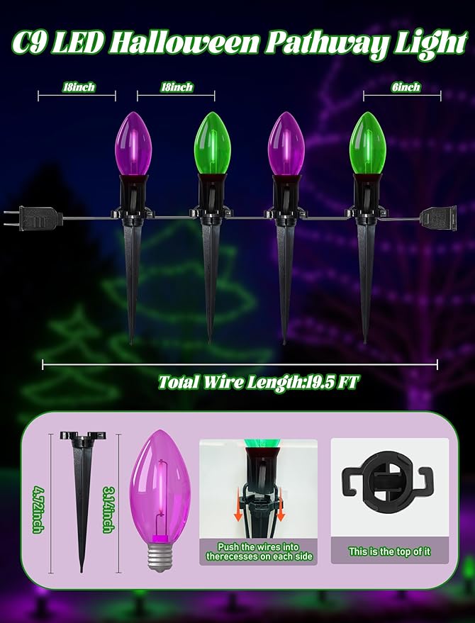Halloween Stake Lights 10PK C9 LED Pathway Lights with Purple &amp Green Bulbs 19.5ft Outdoor Walkway Lights Waterproof Extendable Yard Driveway Porch &amp Garden Halloween Decorations