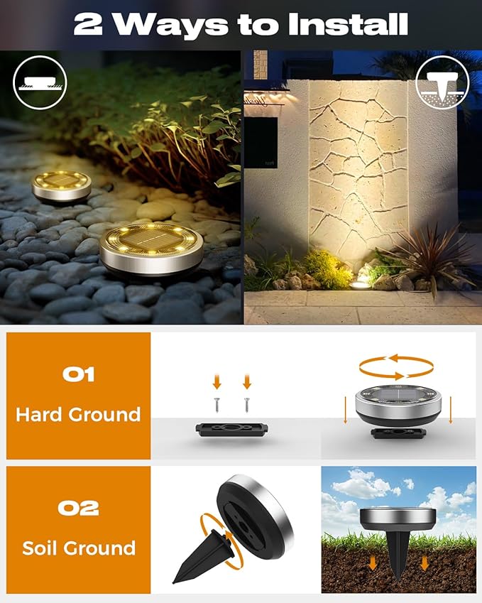 btfarm 24 Pack Solar Lights Outdoor 8 LED Solar Ground Lights IP65 Waterproof Flat Solar Disc Light Pathway Lights for Garden Lawn Patio Yard Path Landscape Warm White