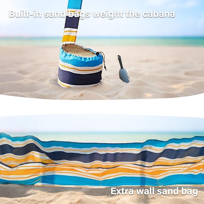 AMMSUN Beach Cabana 6.2'×6.2' Beach Canopy Easy Set up and Take Down Cabana Tent with Sand Pockets Instant Sun Shade with Side Wall Vibrant Stripe