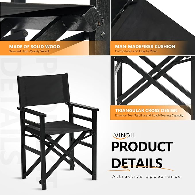VINGLI 18.5 Folding Directors Chair Set of 2 with Solid Wood Frame &amp Beige Canvas Durable Portable for Outdoor Patio Camping Use Black