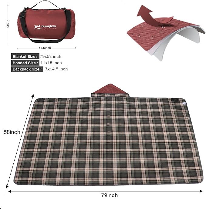 DUKUSEEK Stadium Blanket for All Weather Waterproof Outdoor Blankets with Hood Soft Warm Fleece Camping Blanket Windproof for Outdoor Sports 79x58