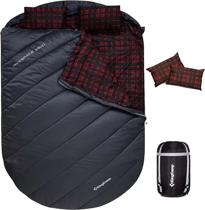 KingCamp Double Sleeping Bag for Adults Queen Size 2 Person XXL Flannel Sleeping Bag Waterproof Lightweight Flannel Quilt with 2 Pillows Perfect for Couples Family Camping Hiking