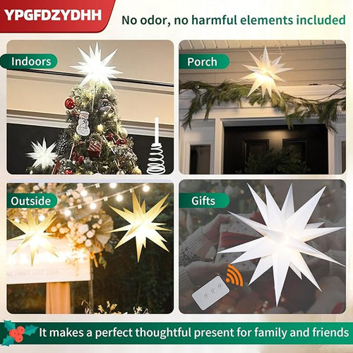 18 Moravian Star Outdoor Light Moravian Star Christmas Decorations Tree Topper Lighted Battery Operated Remote Control Hanging Outdoor/Indoor Tree Star Light for Courtyard Porch-White