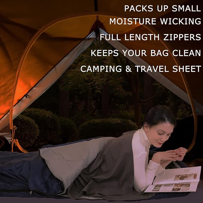 100% Cotton Sleeping Bag Liner with Full Length Zipper on 3 Sides Single/Double Adult Sleep Sack for Travel &amp Camping Multifunctional Travel Sheets (Unzipped 87”x87”) for Hotel Lightweight