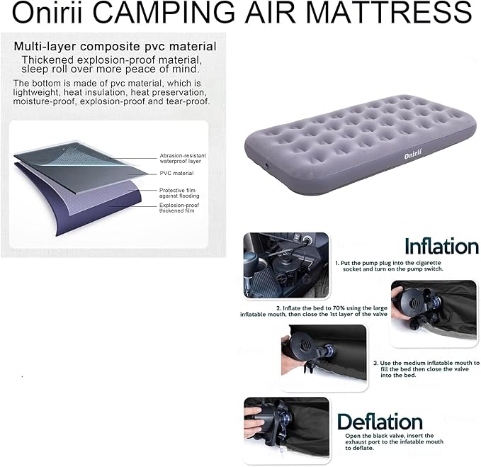 Twin Size Single Camping Air Mattress Bed with Air PumpInflatable Air MattressThickened Portable Blow Up BedTravel Sleeping Pad for Truck Tent Camping/Home/Hiking(Grey)