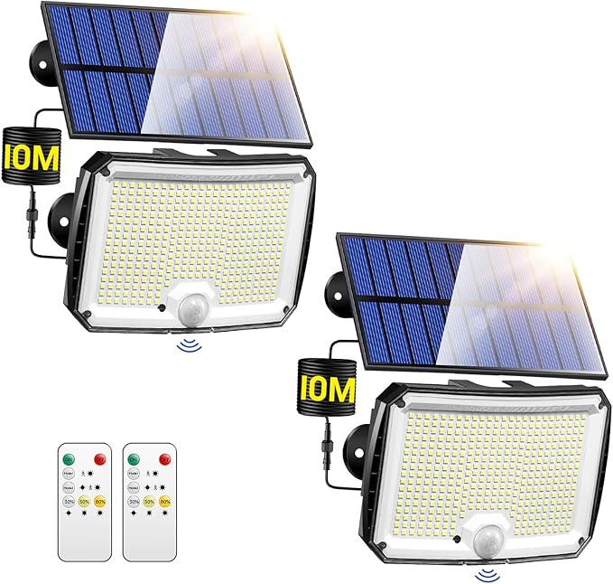 PIKOY Solar Motion Lights Outdoor Waterproof [Upgraded 318LED/33FT/5 Modes] Solar Security LightsRemote+IP65 Solares Lamparas Solares para Exteriores Grandes Sin Sensor De Movimiento 2 Pack