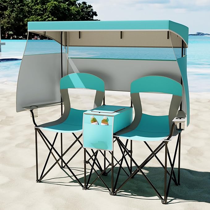 S AFSTAR Camping Chair with Canopy 2-Person Folding Beach Chair with Cup Holders 3-Side Shading Curtains &amp Cooler Bag Foldable Loveseat Lawn Chair for Camping Outdoor &amp Fishing (Turquoise)