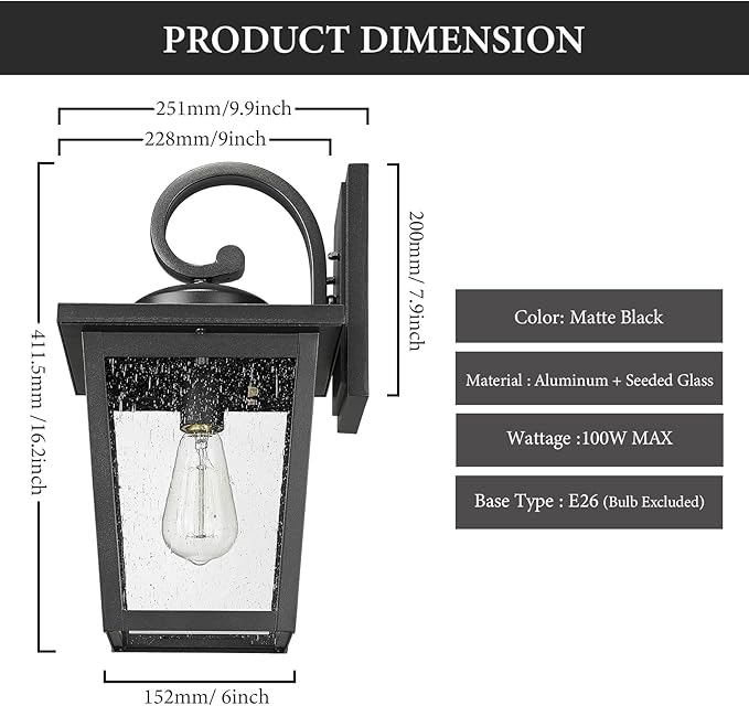 Outdoor Light Fixtures Wall Mount Waterproof Exterior Wall Lanterns with Seeded Glass Outside Wall Sconces Front Porch Lights for House Garage Doorway Patio Large