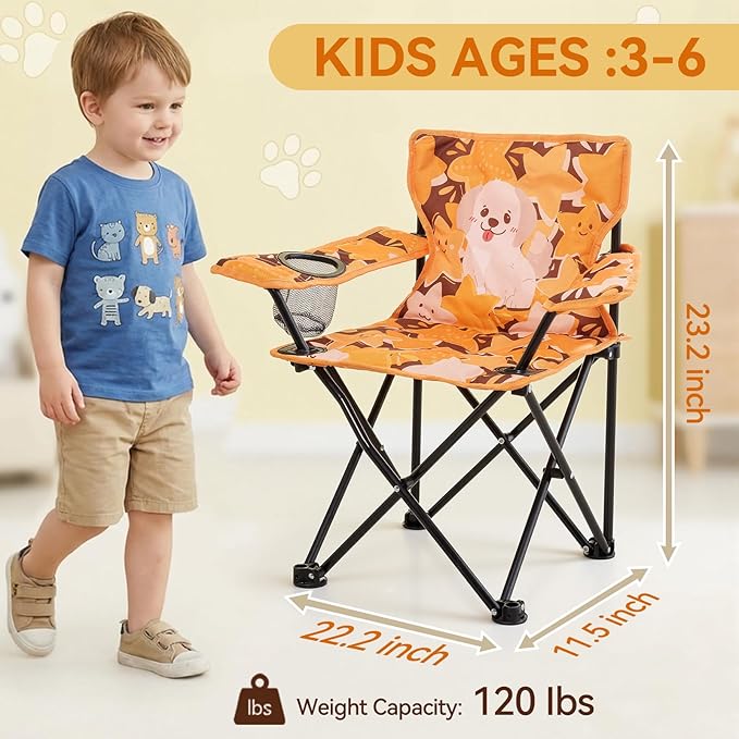 Padded Kids Camping Chair Folding Toddler Chair with Cup Holder &amp Safety Lock Portable Kids Beach Chair Ages 3-6 for Outdoor Camping Foldable Kids Chair Support 120lbsOrange Dog