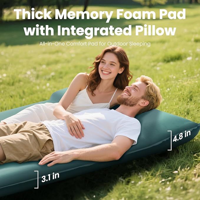 Double Camping Sleeping Pad with Electric Pump 3.15 Thick 2 Person Self Inflating Memory Foam Mattress Pad with Pillow Portable Sleeping Mat for Travel Car Tent- Dark Green Full Size