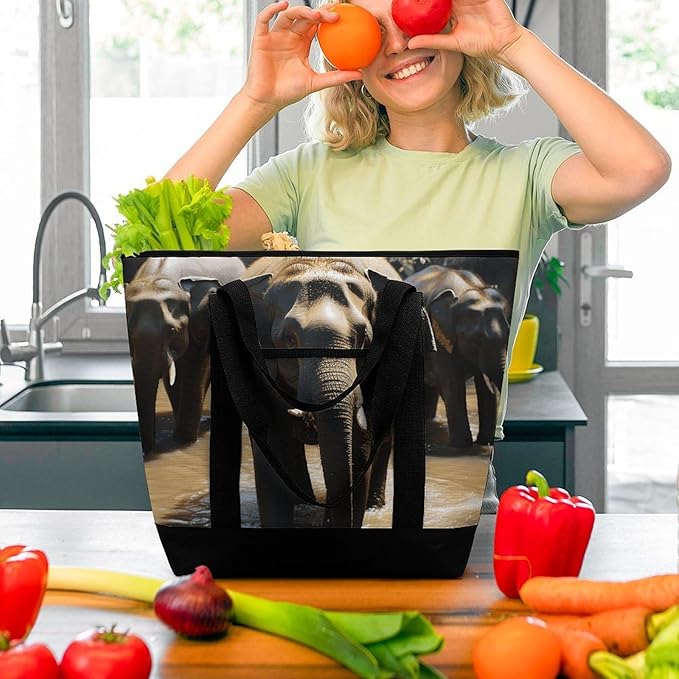 Insulated Shopping BagLarge Reusable Cooler Bags Elephant Drinking Water Printed Foldable Shopping BagTravel Waterproof Shoulder Bag