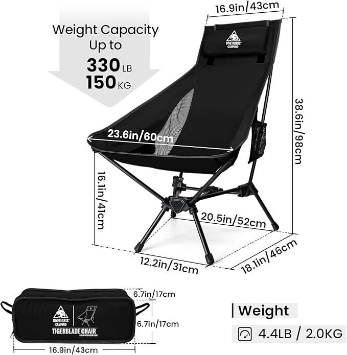 ONETIGRIS Tigerblade High Back Camping Chair with Pillow Design Comfortable Widened Seat Folding Chair