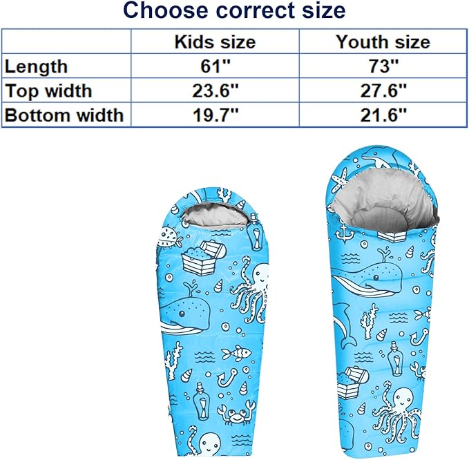 KidzAdventure Mummy Style 32 – 59F Kids Sleeping Bag with Pillow Sleeve 4 Season Lightweight and Backpacking Style Ideal for Camping Sleepover Boys Girls Youth and Toddlers