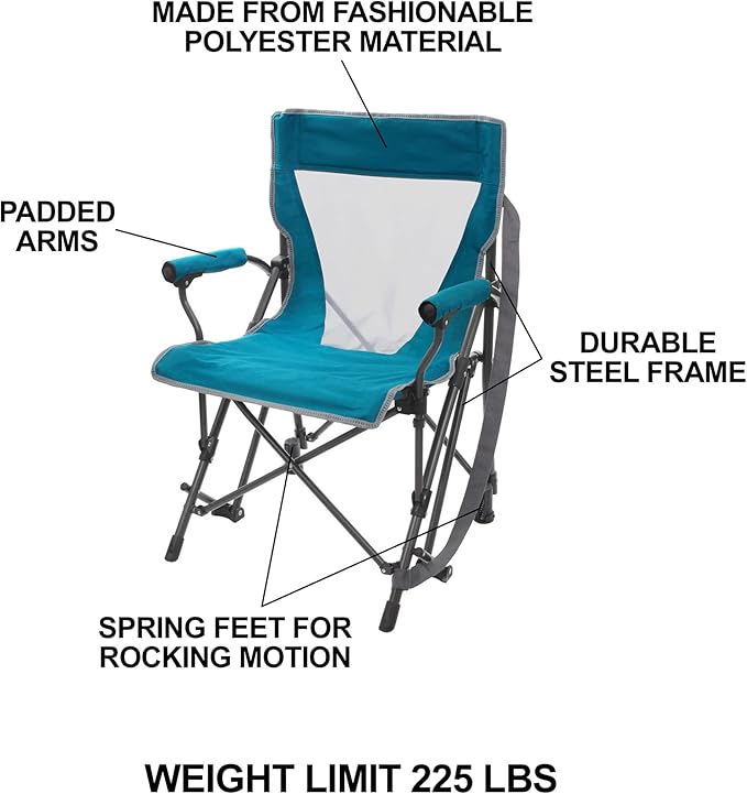 Zenithen Portable Padded Hard Arm Outdoor Rocker Chair Perfect for Sporting Events Outdoor Activities Camping Patio Furniture and Relaxing Teal