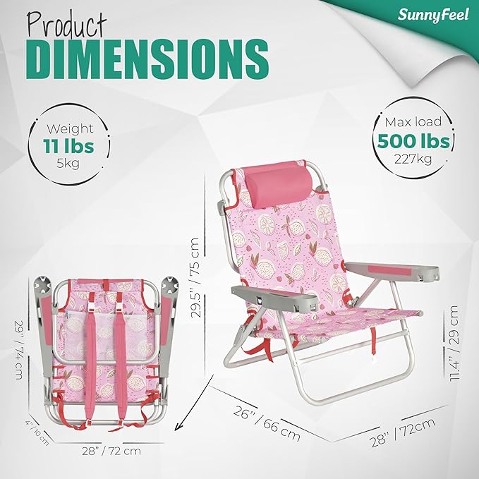 SUNNYFEEL Extra Wide Low Beach Chair 2 Pack 5 Position Lay XL Oversized Portable Folding Camping Chairs with Cup Holder for Outdoor/Sand Foldable Backpack Beach Chair for Adults Heavy Duty 500 LBS