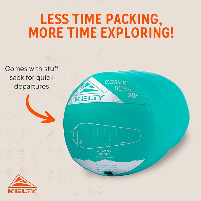 Kelty Cosmic Ultra 20 Degree Sleeping Bag 800 Dridown Premium Thermal Efficiency Soft to Touch Large Footbox Environmental and Health Friendly C0 and PFC-Free DWR Compression Stuff Sack &amp M