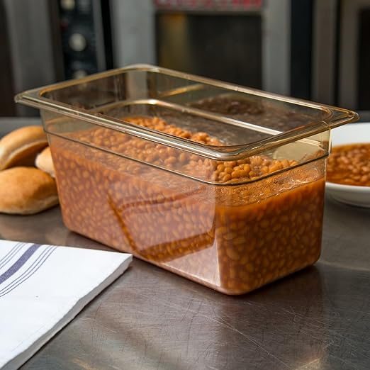 Carlisle FoodService Products Storplus High Heat Food Pan Steam Table Pan Chafing Pan with Spoonable Corners for Catering Buffets Restaurants High Heat Plastic 1/3 Size 6 Inches Deep Amber