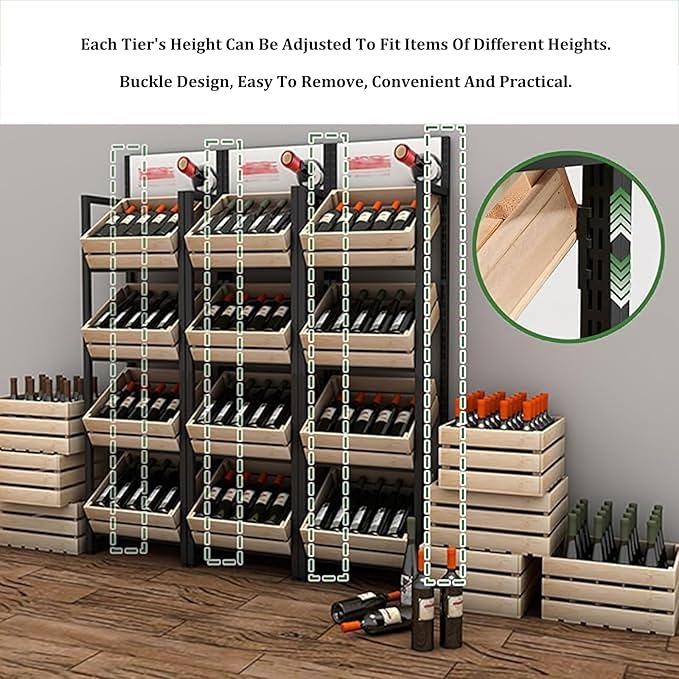 Commercial Supermarket Fruit &amp Vegetable Shelf 3/4 Tier Produce StorageLarge Capacity Retail Snack Rack Display With Wood Baskets Kitchen Onion Potato Produce(Black rack+brown box3 tier)