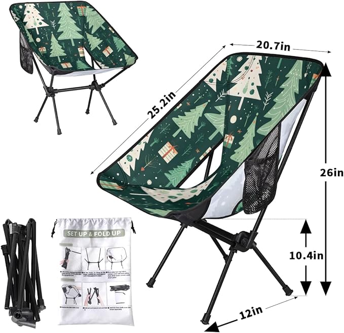 Portable Camping Chair Xmas Tree Ultralight Folding Camping Chair Christmas Tree Backpacking Hiking Chair with Cup Holder for Outdoor Travel Beach Picnic Festival Compact Portable 176 lbs Capacity