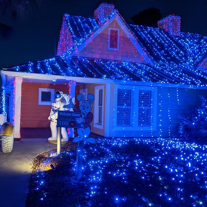 QITONG Net Lights Outdoor Mesh Lights 12ft x 5ft 360 LED Blue Christmas Light with 8 Modes Connectable Clear Wire Bush Light Plug in