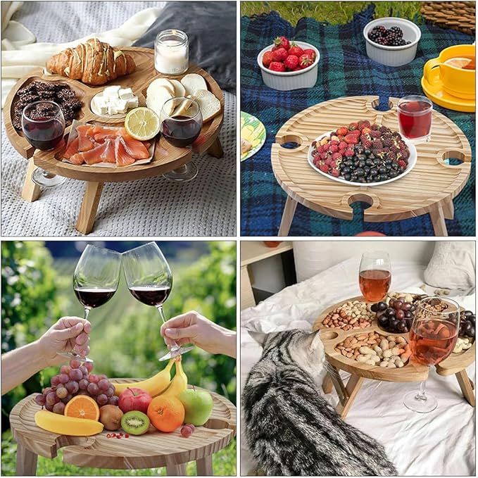 ARTIBETTER Folding Picnic Table with Bottle Rack Wooden Beach Table Mini Foldable Low Camping Desk for Travel and BBQ