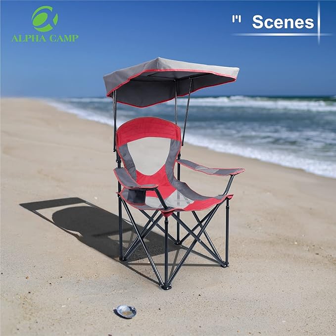 ALPHA CAMP Camp Chair with Shade Canopy Folding Camping Chair with Cup Holder and Carry Bag for Outdoor Camping Hiking Beach Heavy Duty 300 LBS Red