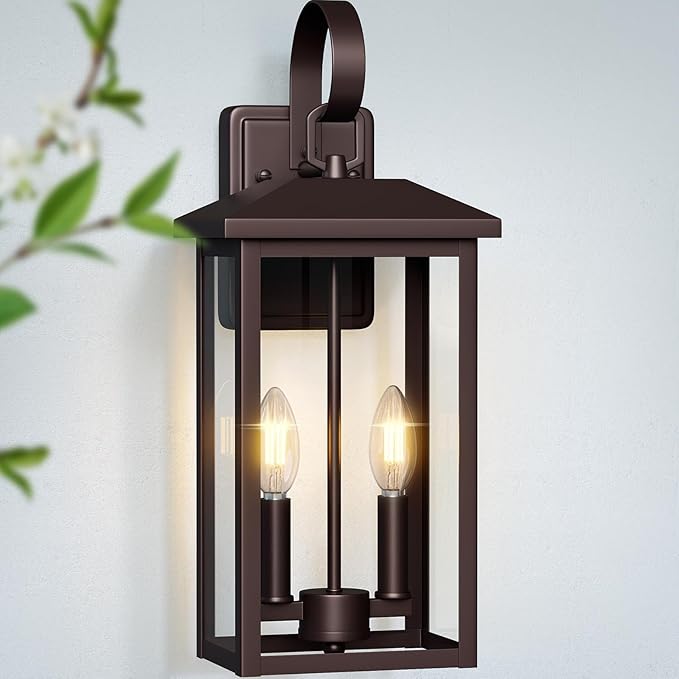 Bronze Large Porch Lights Outdoor 18 Exterior Wall Fixture with Clear Glass 2-Light E12 Socket Base Aluminum Outside Waterproof Wall Light Sconce for House Porch Patio Garage
