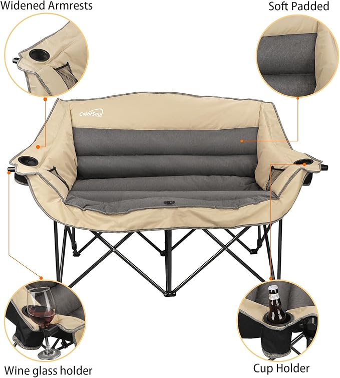 Double Folding Camping Chair Fully Padded Loveseat Camping Couch Oversized 2 Person Lawn Chair Sofa w/Cup HolderWine Glass HolderMesh Storage for Patio Picnic BeachSupport 600lbsBeige