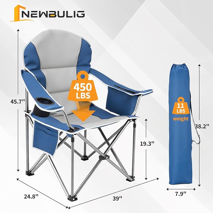 NEWBULIG Oversized Folding Camping Chair for Adults Portable Outdoor Collapsible Chairs 500 LBS Heavy Duty Support with Cup Holders Side Cooler &amp Pockets for Lawn Beach Fishing Hiking Blu