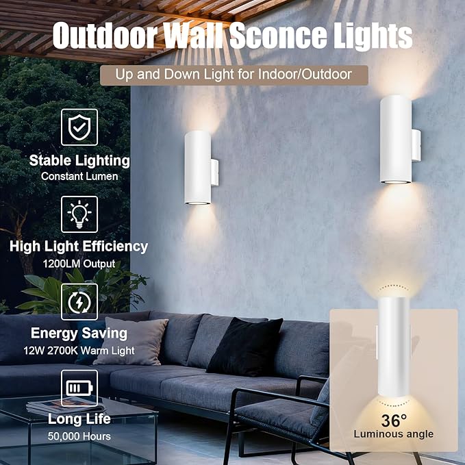 Porch Light in 2 Lights Cylinder Wall Lights 10.24 2 Pack Up Down Lights 2700K Warm White Waterproof Wall Sconce Aluminum Exterior Light Fixture Wall Mount White