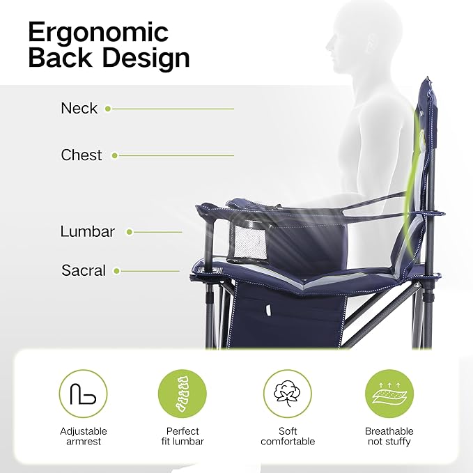 GREEN PARTY Folding Camping Chair Oversized Heavy Duty Lawn Chair with Cooler Bag Cup Holder Storage Pocket Collapsible Padded Outdoor Arm Chair Quad Lumbar