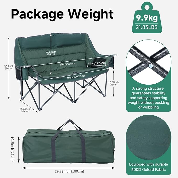 CDEN Double Padded Camping Chair Oversized Folding Loveseat Portable Outdoor Sofa with Cup Holders Carry Bag Cooler Bag Bottle Opener for Camping Picnic Lawn Garden (Green)