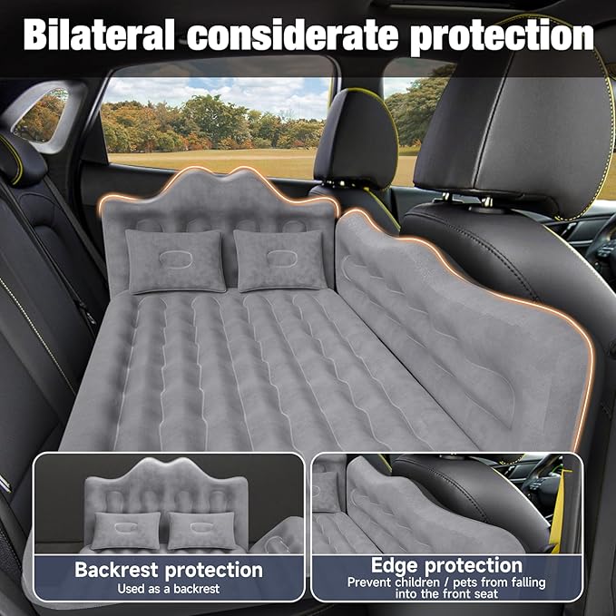 Back Seat Car Air Mattress: Inflatable SUV Car Camping Bed for Truck Van Thickened Double-Sided Flocking Travel Car Sleeping Pad with Air Pump 2 Pillows