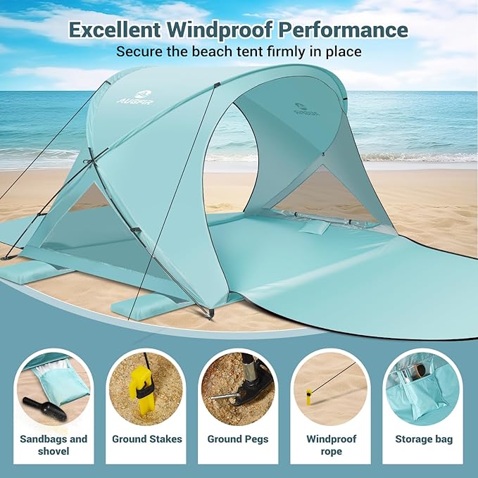Beach Tent Sun Shelter Beach Tent with Beach Mat Set 4 Person Portable Beach Shade Canopy with UPF 50＋ UV Protection Dual-Door Ventilation Design Easy Setup Family Beach Umbrella (Green)