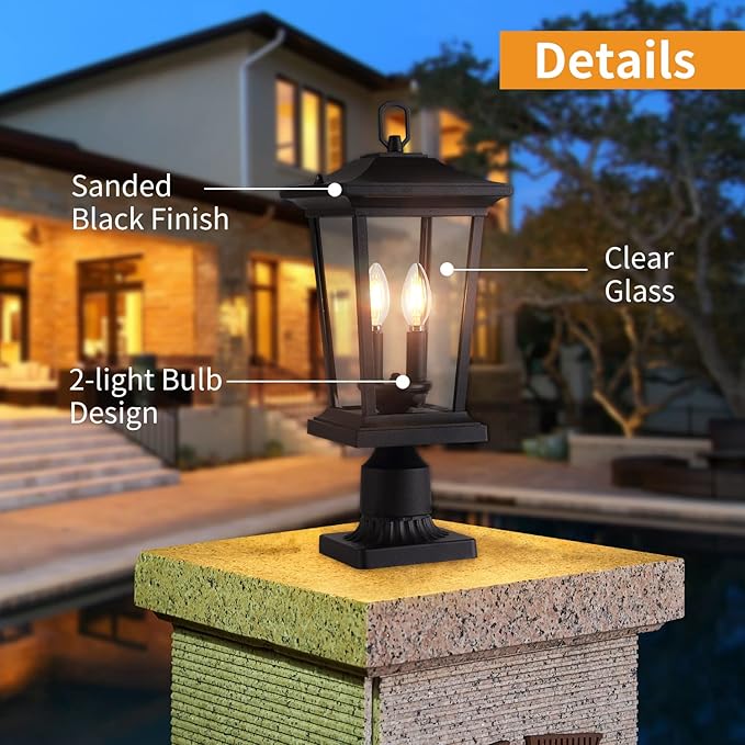 Outdoor Post Lights Cast Aluminum Lamp Post Light Fixture 2-Light Pole Mount Light with Clear Glass Outdoor Pier Mount Light Matte Black Finish