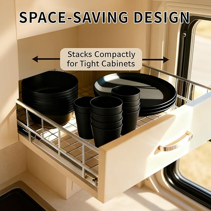 20 Piece RV &amp Camping Dinnerware Set Elegant Ceramic-Look Large Bowls &amp Plates Unbreakable &amp 100% Microwave Safe Melamine Alternative Service for 4 Black