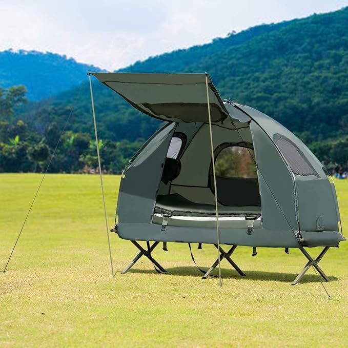 Moccha Folding Camping Tent Cot with Sleeping Bag and Air Mattress Elevated Camping Tent with Carry Bag for Outdoor Activity Hiking Picnic (1-Person)