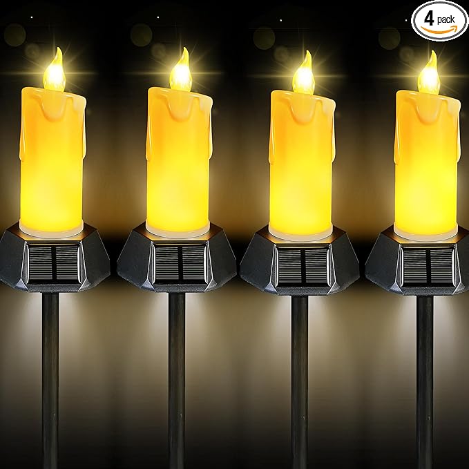BlcTec Solar Candles Outdoor Waterproof Realistic Flickering Flames LED Candles with IP65 High Rating Waterproof Suitable for Lawn Yard Pathway Camping Graveyard Halloween Outdoor Decor 4 PCS