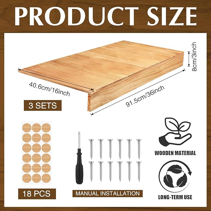 Hoolerry 3 Sets Wire Shelf Covers Wood Wire Rack Covers for Shelving Pantry Closet Removable Closet with 18 Grain Stickers for Pantry Home and Kitchen Organization (36 x 16 InchWood Color)