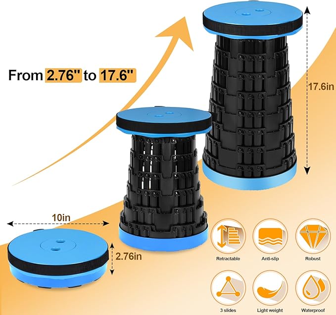 Collapsible Stool - Upgraded with 3 Slides Load Capacity 600lbs Folding Camping Stool with 3-in-1 Carry Bag Lightweight Sturdy Retractable Suitable for Camping Fishing Hiking BBQ (Blue)