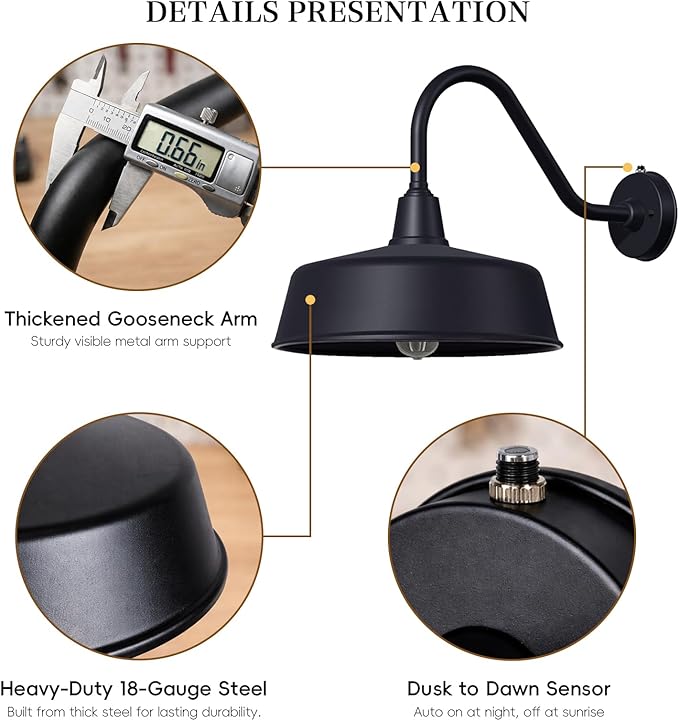 12.6 Inch Large Outdoor Gooseneck Barn Lights from Dusk to Dawn Classic Black Farmhouse Lights Waterproof and Rustproof Porch Lights for House Garden Garage Patio.