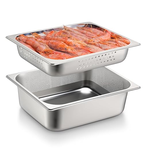 Tioncy 2 Pack Full Size Hotel Pans with Perforated Steam Pan Stainless Steel Steam Table Pan Multifunctional Food Chafing Supplies for Restaurant Kitchen(Half Size 2.5 Inches 4 Inches)
