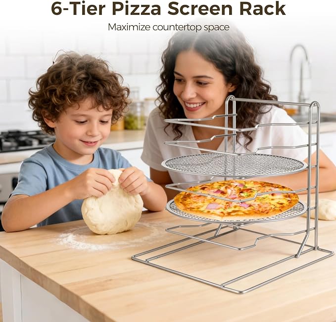OMISTAR 6 Tier Pizza Rack With 6 Perforated 12 Inch Perforated Pizza Pans with Holes 13.3' H x 12'' L x 12'' W Pizza Pan Rack Holder for Buffet Table Easy Storage Multiple Pizzas (6 Tier)
