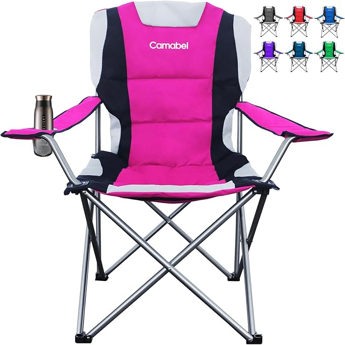 Camabel Folding Camping Chairs 400lbs Oversized Outdoor Collapsible Lawn Chair Padded Sports Portable Lightweight Chairs for Beach Hiking Fishing Picnics with Cup Holder Hanami Pink