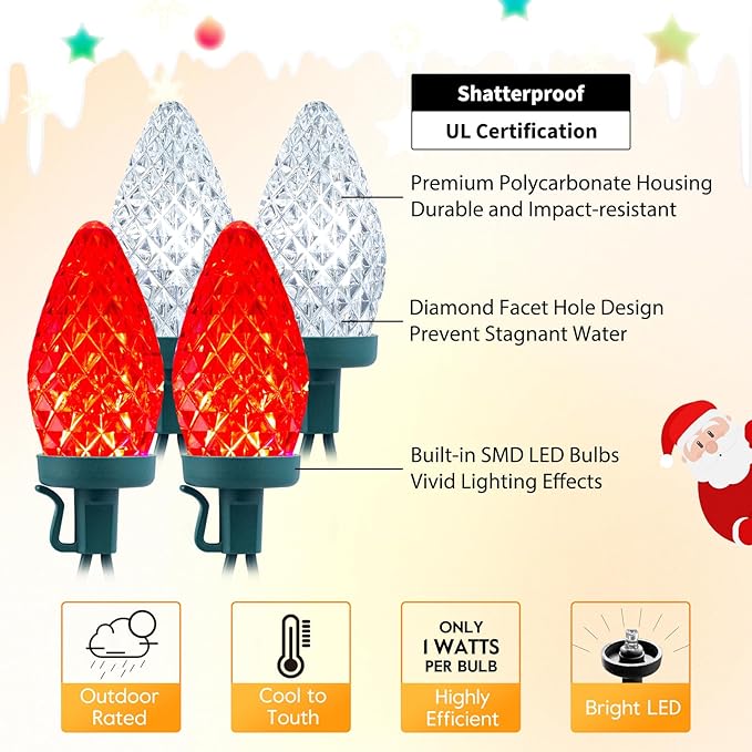 Brightown C9 LED Christmas String Lights 2 Pack Total 132ft 200LED Outdoor Lights String Plug-in Connectable Waterproof Roofline Lights String for Outside Yard Christmas Holiday Decor Red and White