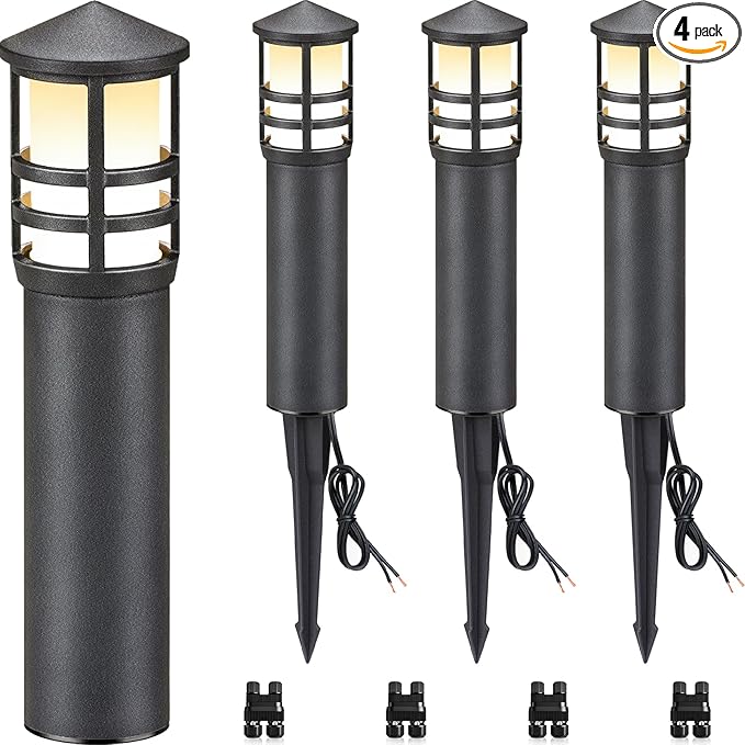 SUNVIE 4-Pack Low Voltage Pathway Lights 3W 3000K 12-24V LED Landscape Bollard Path Lights with Connectors CRI 90+ Aluminum Outdoor Landscape Lighting for Walkway Yard Garden ETL Listed Cord